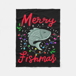 Merry Fishmas Funny Christmas Tree Lights Fish Fis Fleece Blanket