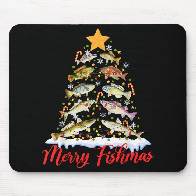 Merry Fishmas Funny Christmas Tree Lights Fish Fis Mouse Mat (Front)