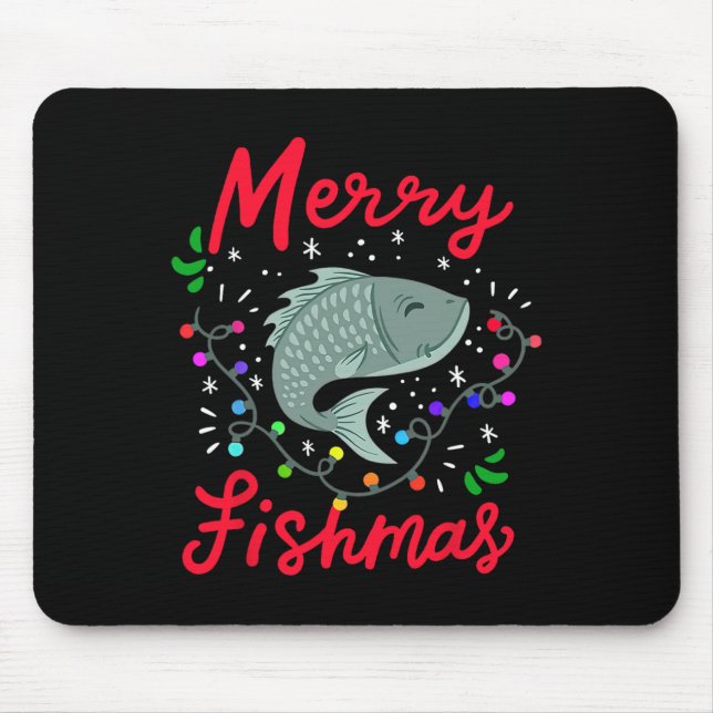 Merry Fishmas Funny Christmas Tree Lights Fish Fis Mouse Mat (Front)
