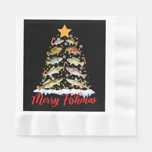 Merry Fishmas Funny Christmas Tree Lights Fish Fis Napkin (Front)