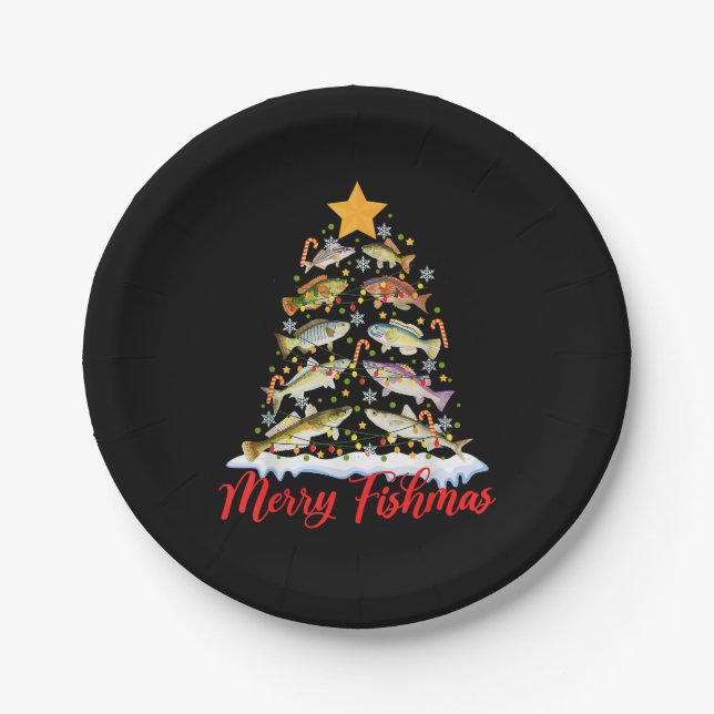 Merry Fishmas Funny Christmas Tree Lights Fish Fis Paper Plate (Front)