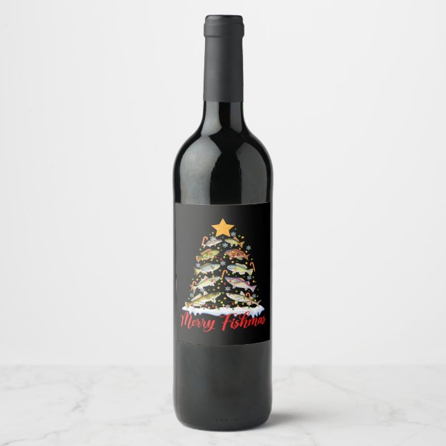 Merry Fishmas Funny Christmas Tree Lights Fish Fis Wine Label (Front)