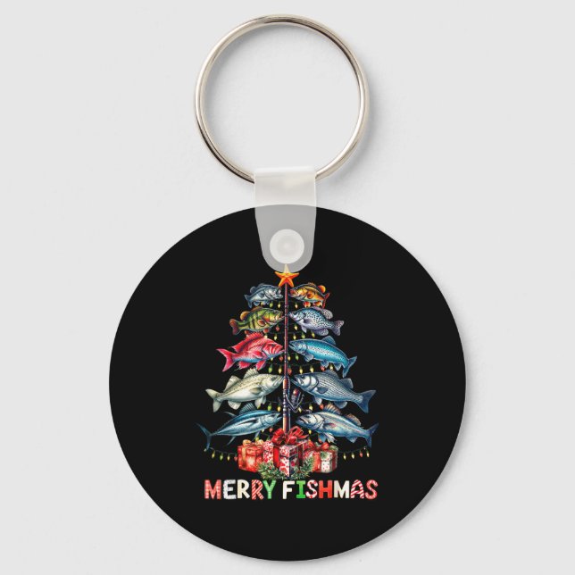 Merry Fishmas Funny Christmas Tree Lights Fishing  Key Ring (Front)