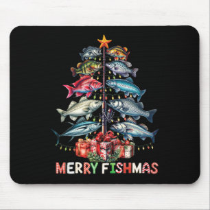 Merry Fishmas Funny Christmas Tree Lights Fishing Mouse Mat