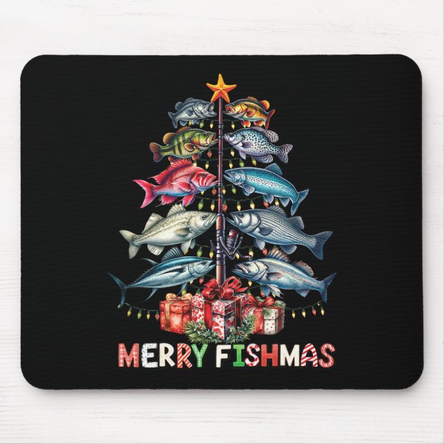 Merry Fishmas Funny Christmas Tree Lights Fishing  Mouse Mat (Front)