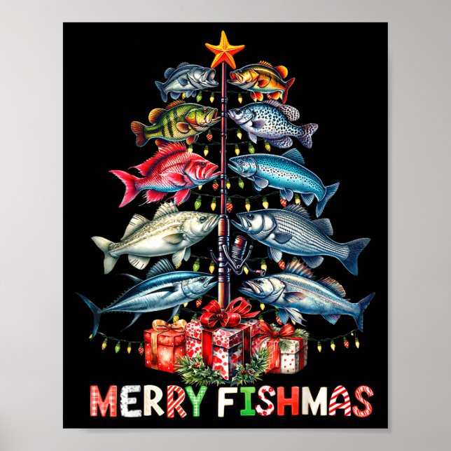 Merry Fishmas Funny Christmas Tree Lights Fishing  Poster (Front)