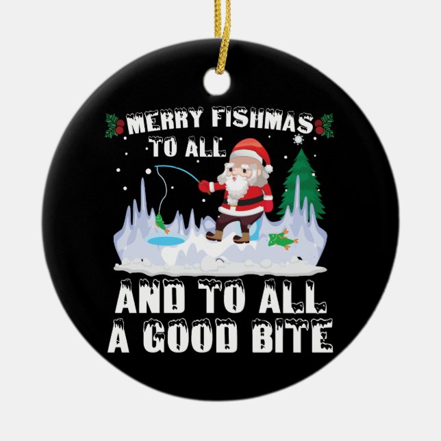 Merry Fishmas Funny Fish Fishing Fisherman Xmas Ceramic Tree Decoration (Front)