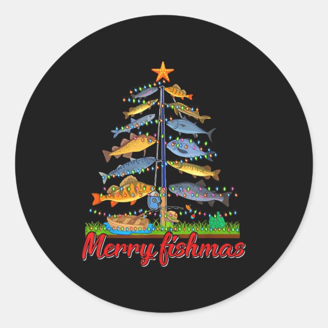 Merry Fishmas Funny Fisher Christmas Tree Fishing  Classic Round Sticker (Front)