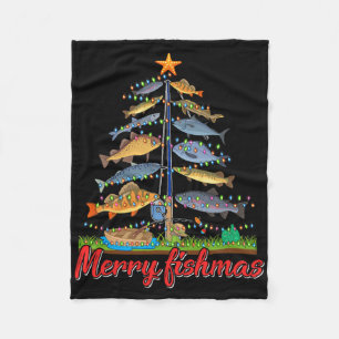 Merry Fishmas Funny Fisher Christmas Tree Fishing Fleece Blanket