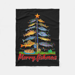 Merry Fishmas Funny Fisher Christmas Tree Fishing  Fleece Blanket