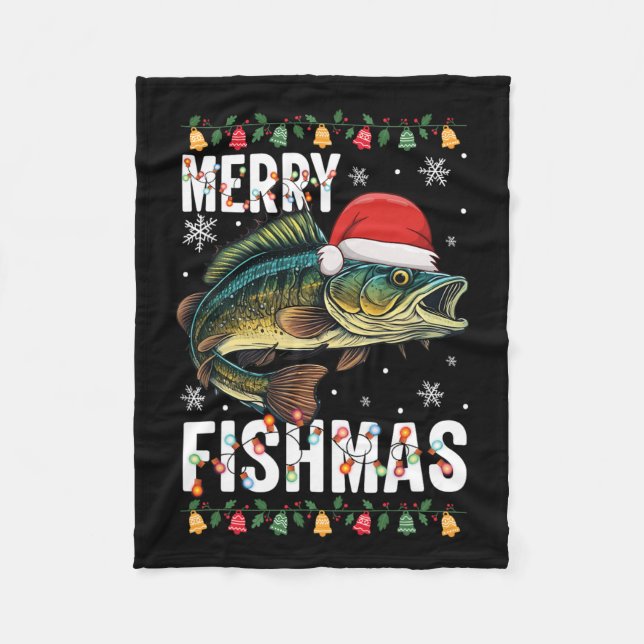 Merry Fishmas Funny Fishing Christmas Pajama Fishe Fleece Blanket (Front)