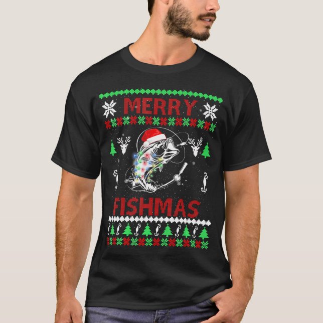 Merry Fishmas Funny Fishing Christmas UGLY Pajama T-Shirt (Front)