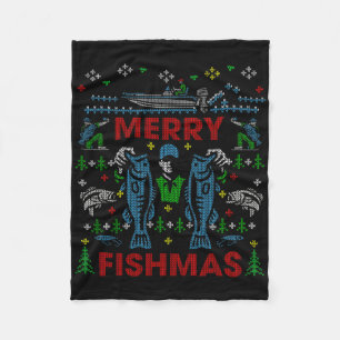 Merry Fishmas Funny Fishing Ugly Christmas Sweater Fleece Blanket