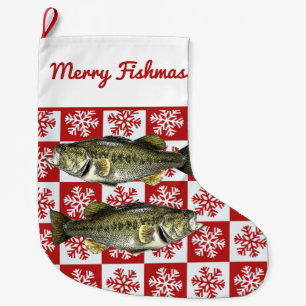 Merry Fishmas Largemouth Bass Fishing Snowflake  Large Christmas Stocking