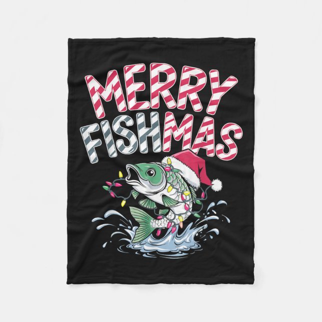 Merry Fishmas Santa Fishing Lovers Funny Fisherman Fleece Blanket (Front)