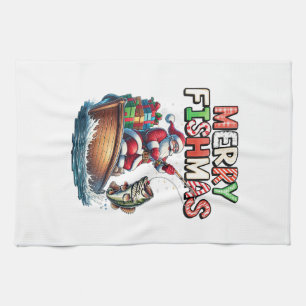 Merry Fishmas Santa Fishing Lovers Funny Fisherman Tea Towel
