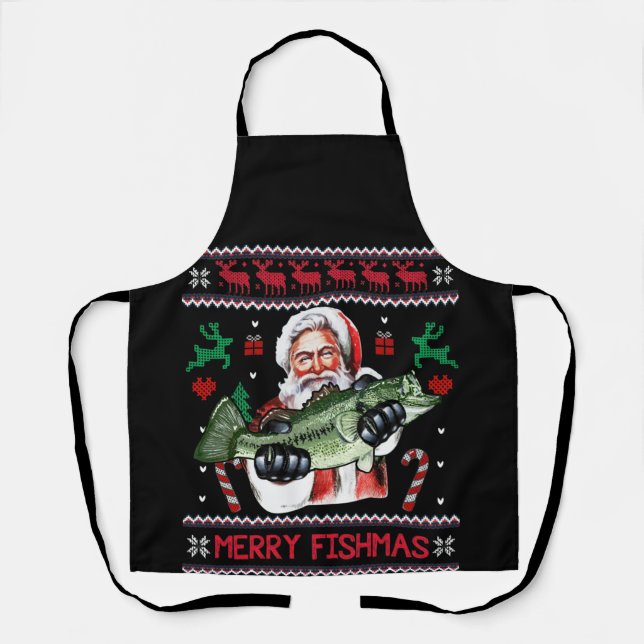 Merry Fishmas Santa Fishing Ugly Christmas Sweater Apron (Front)