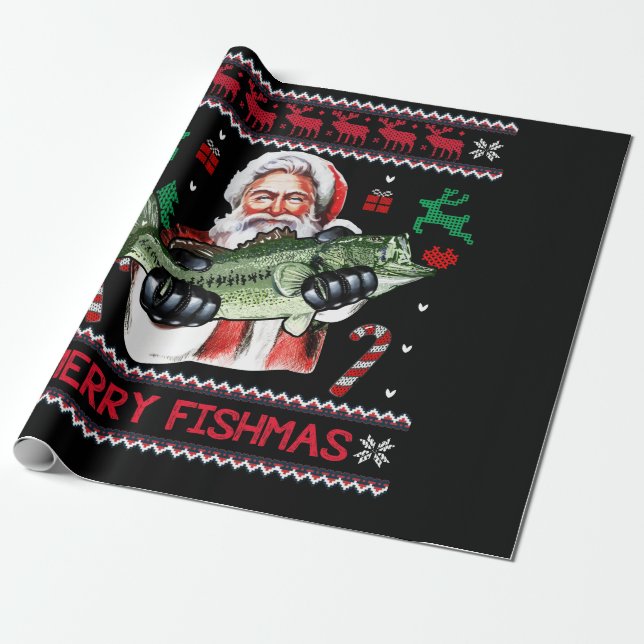 Merry Fishmas Santa Fishing Ugly Christmas Sweater Wrapping Paper (Unrolled)