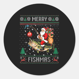 Merry Fishmas Santa Riding B Fish Christmas Ugly S Classic Round Sticker