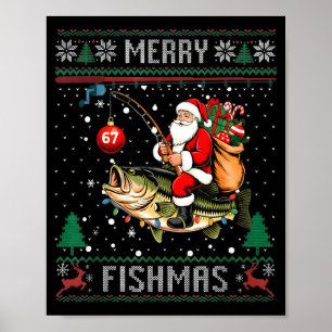 Merry Fishmas Santa Riding B Fish Christmas Ugly S Poster