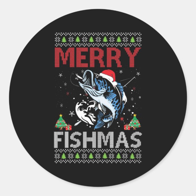Merry Fishmas Ugly Christmas Fishing Gift Bass  Classic Round Sticker (Front)
