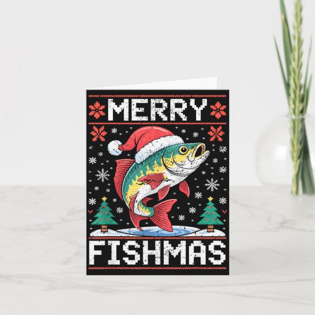 Merry Fishmas Ugly Christmas Sweater Fishing Lover Card (Front)