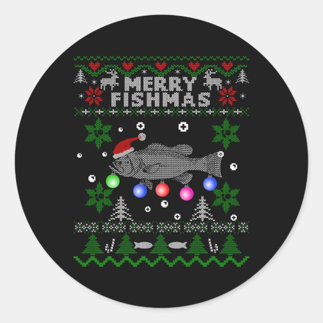 Merry Fishmas Ugly Fishing Large Mouth Bass Classic Round Sticker (Front)