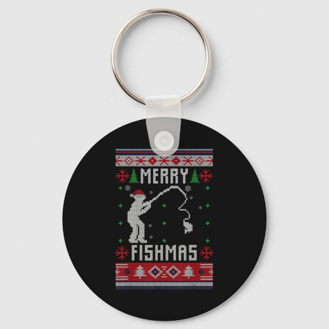 Merry Fishmas Ugly Sweater Ugly Fishing Christmas  Key Ring (Front)