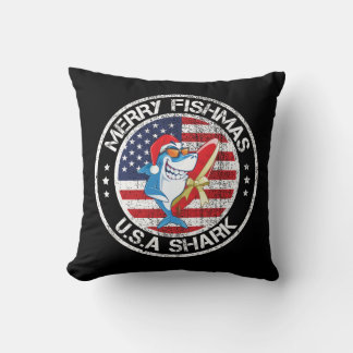 Merry Fishmas USA Flag Great White Shark Cushion