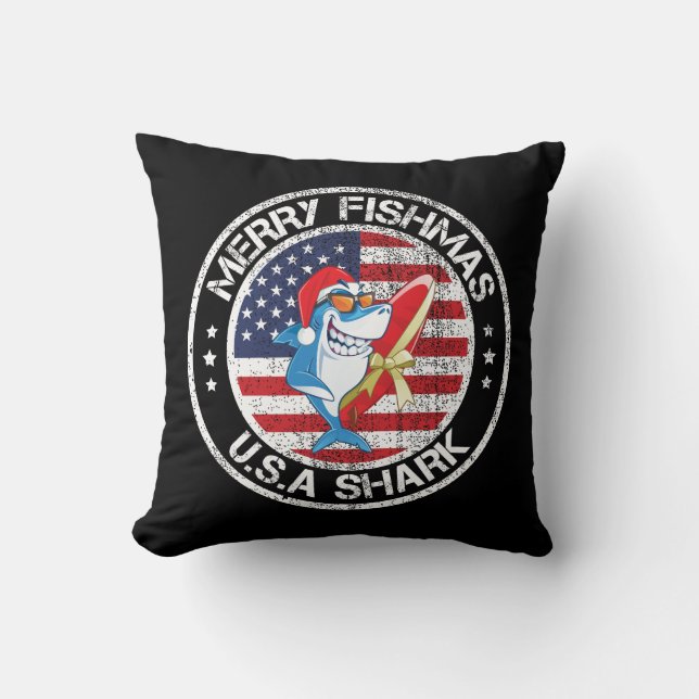 Merry Fishmas USA Flag Great White Shark Cushion (Front)