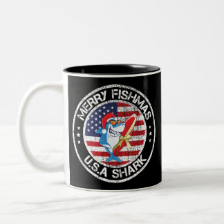Merry Fishmas USA Flag Great White Shark Two-Tone Coffee Mug