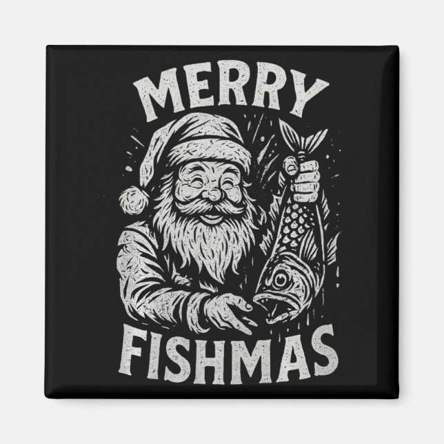 Merry Fishmas Vintage Santa Fishing Christmas Prem Magnet (Front)