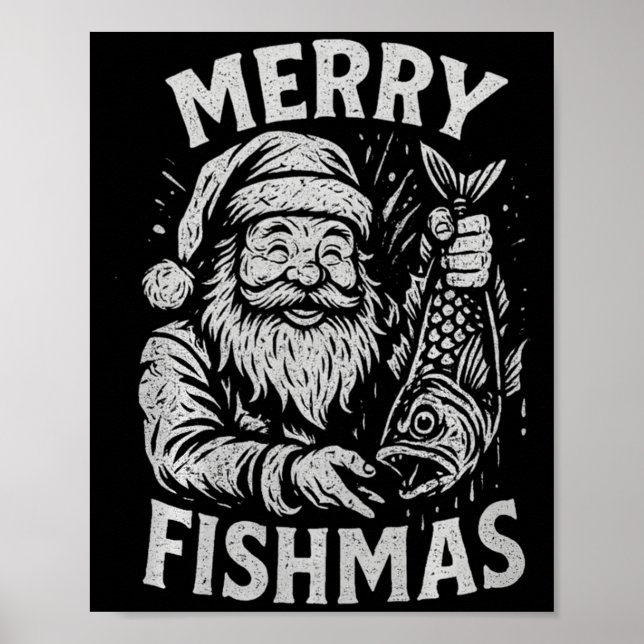 Merry Fishmas Vintage Santa Fishing Christmas Prem Poster (Front)