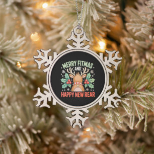 Merry Fitmas Happy New Year Reindeer Workout Xmas Snowflake Pewter Christmas Ornament