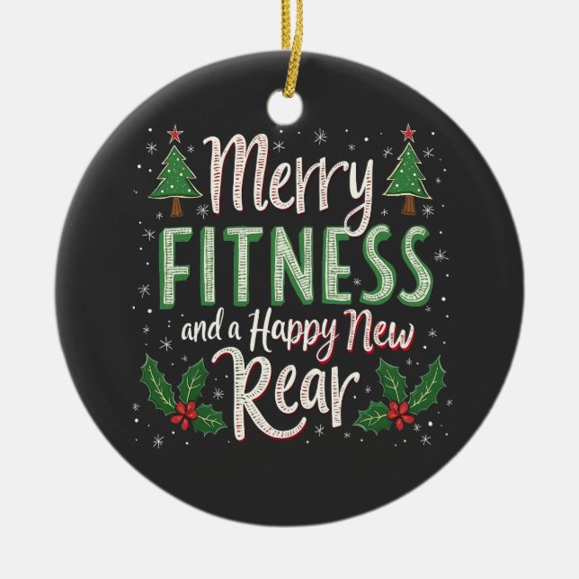 Merry Fitness and Happy New Rear Bodybuilding Xmas Ceramic Tree Decoration (Front)