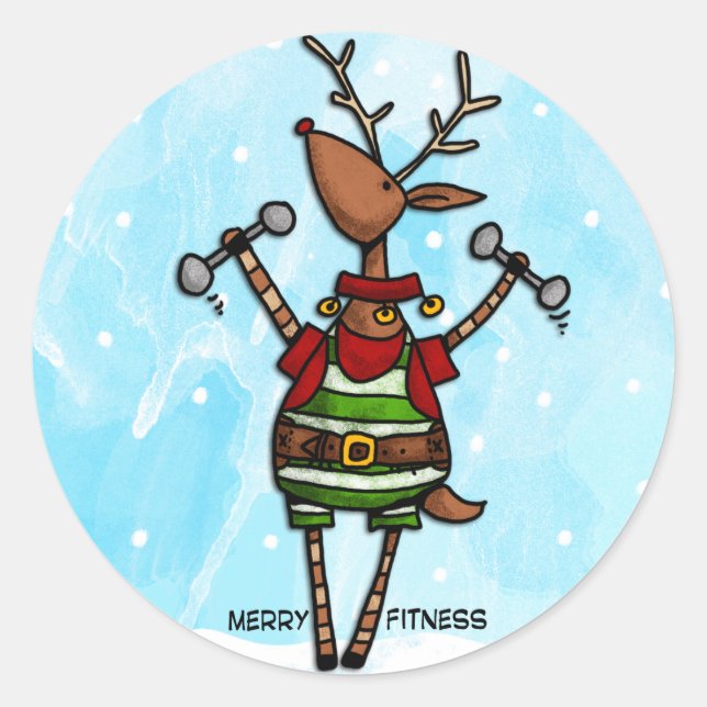 merry fitness reindeer classic round sticker (Front)