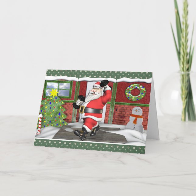Merry Fitness Santa Dumbells Blank Holiday Card (Front)