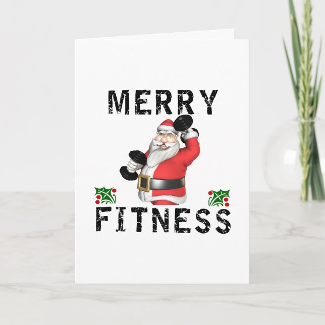 Merry Fitness Weightlifting Santa Greeting Card (Front)