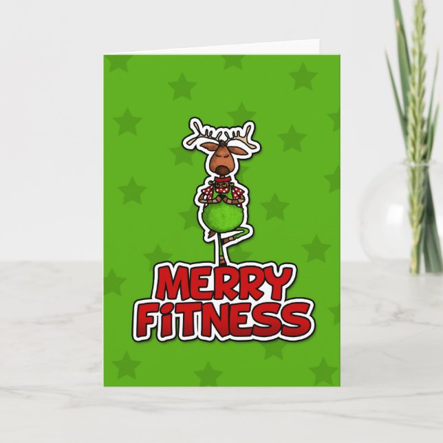 Merry Fitness - Yoga - Reindeer in Tree Posture Holiday Card (Front)