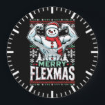 Merry Flexmas - Snowman Flexing Christmas Gym  Large Clock<br><div class="desc">Embrace the festive spirit and gym grind with this hilarious "Merry Flexmas" design! Showcasing a ripped snowman with bulging biceps, surrounded by festive elements like snowflakes, Christmas trees, and holiday patterns, this design is perfect for anyone who refuses to skip their workout, even during the holiday season. Whether you're a...</div>