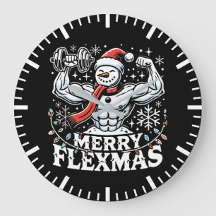 Merry Flexmas - Snowman Flexing Christmas Gym  Large Clock