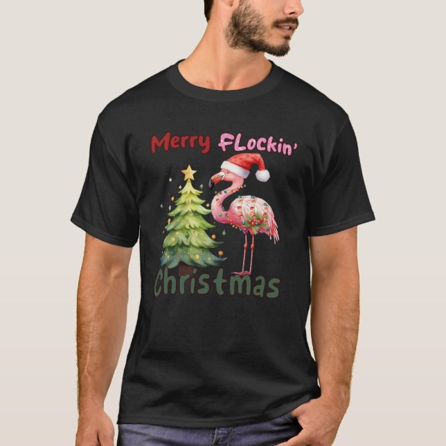 Merry Flockin Christmas Hat Santa Flamingo Light S T-Shirt (Front)