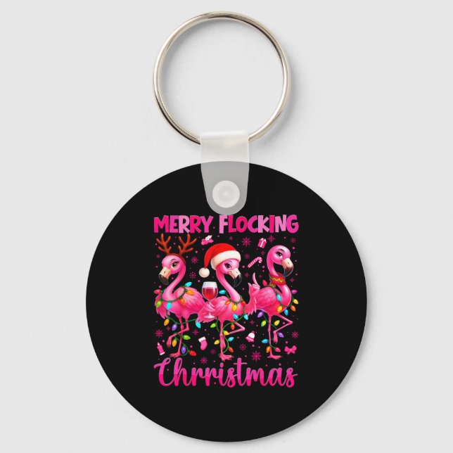 Merry Flocking Christmas Flamingo Drink Pjs Xmas M Key Ring (Front)