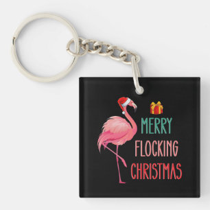 Merry Flocking Christmas Funny Flamingo Holiday Key Ring