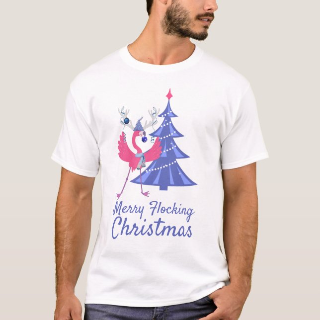 Merry Flocking Christmas Funny Flamingo Reindeer T-Shirt (Front)
