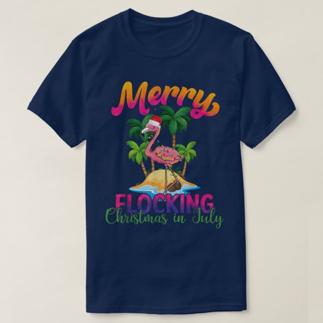 Merry Flocking Christmas In July Flamingo Swimming T-Shirt (Design Front)