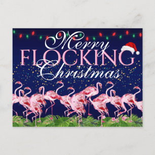 Merry Flocking Christmas Pink Flamingo Holiday Postcard