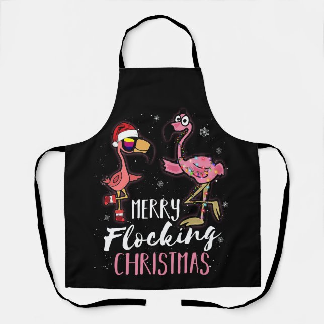 Merry Flocking Christmas Pink Santa Flamingo Apron (Front)