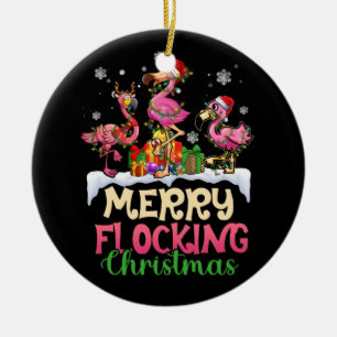 Merry Flocking Christmas Reindeer Santa Flamingo Ceramic Tree Decoration