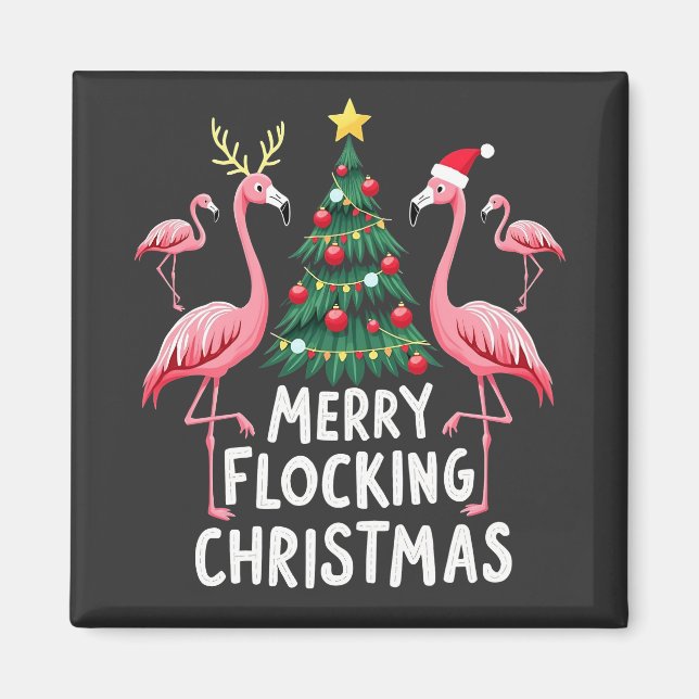 Merry Flocking Christmas Xmas Flamingo Tree Magnet (Front)
